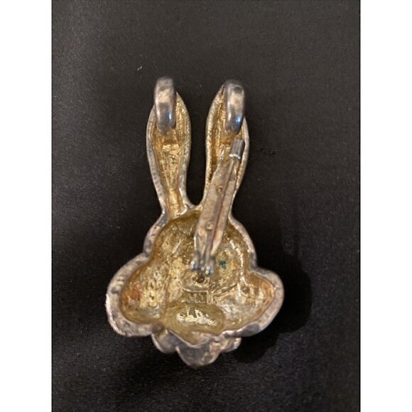 MJ Bunny Pendant Brooch Silver Tone Aged Patina 2.25" - Picture 2 of 5
